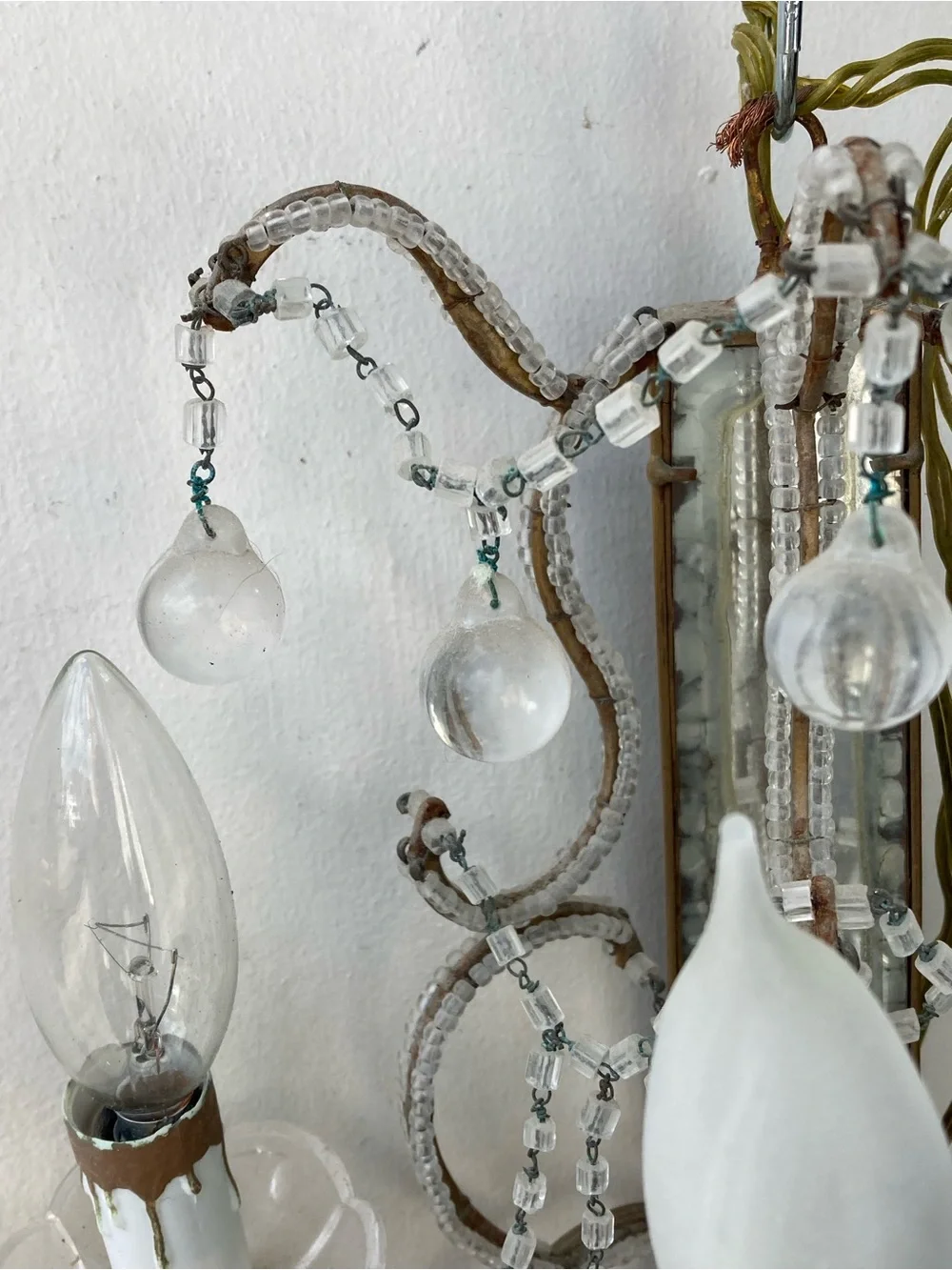 Vintage Italian Macaroni Beaded Glass 3 Light Wall Sconces Pair